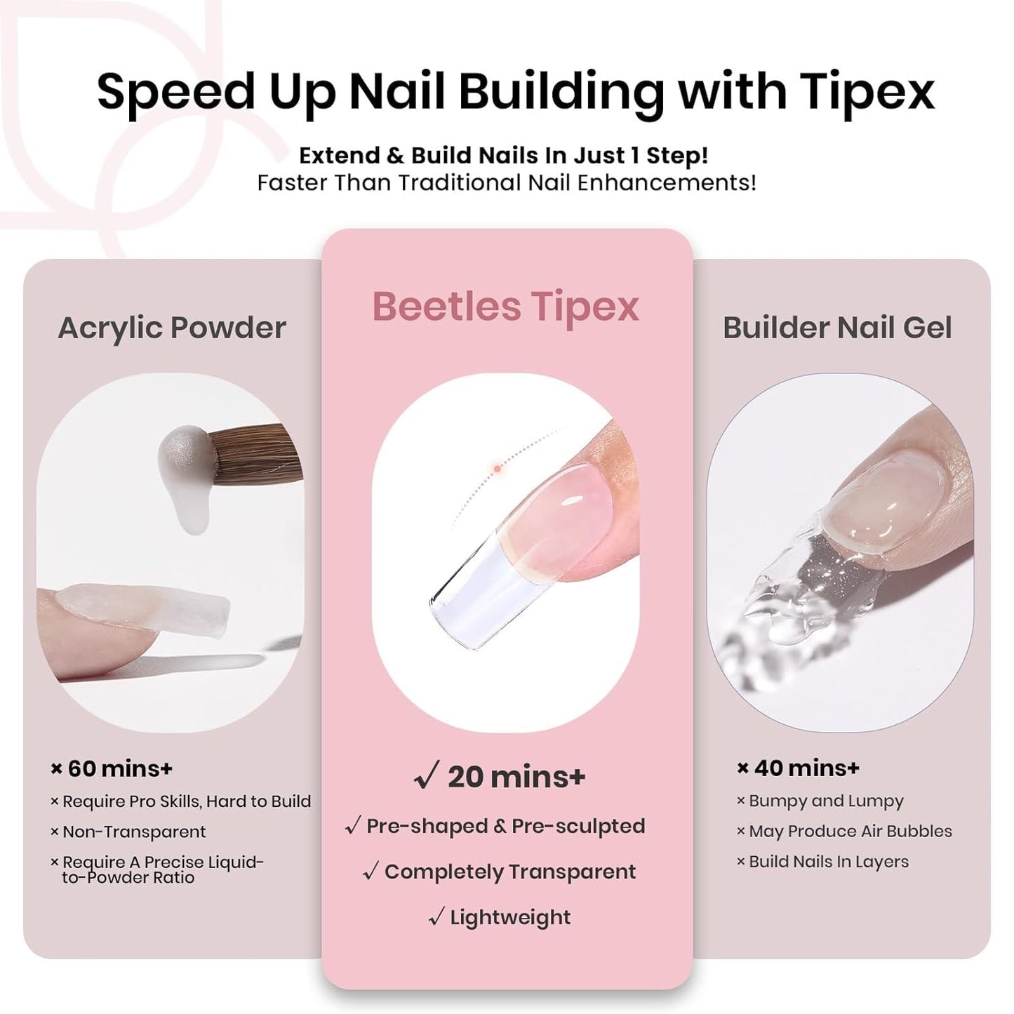 Beetles Tipex Nail Kit, Square Medium Nail Tips 224 Pcs 16 Sizes Pre-Etched Fake Nails with Tipex Nail Glue Mini Nail Lamp - Thick Acrylic Nail Set Pre-Builder Gel Press-on Nails