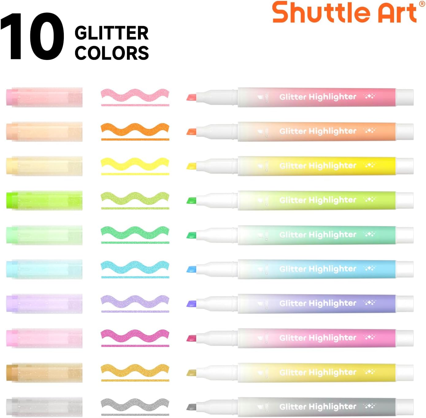 Glitter Highlighters, Shuttle Art 10 Sparkle Colors Chisel Tip Fluorescent Markers, Quick-Dry Non-Toxic Aesthetic Shimmer Highlighter Pens for Kids Teens Adults, Perfect for School Office Art Supplies