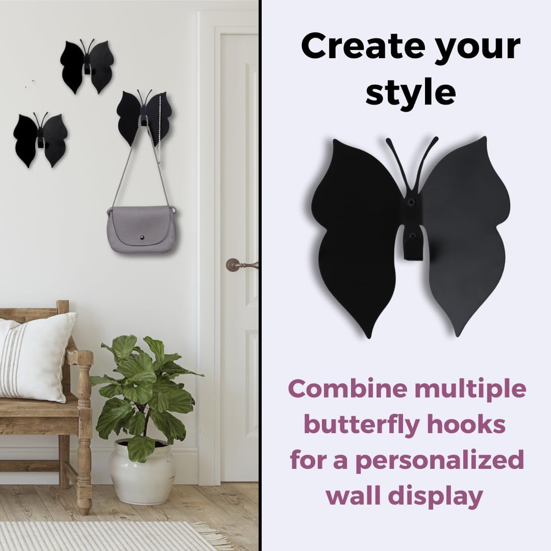 Butterfly 3D Black Butterfly Wall Hooks: Girl’s Bedroom Double-Hook Coat Rack Mount for Hanging Coat,Clothing,Backpacks,Purses,Jewelry,Towels, Girls Room DécorCut-Out Metal 2 Hangers