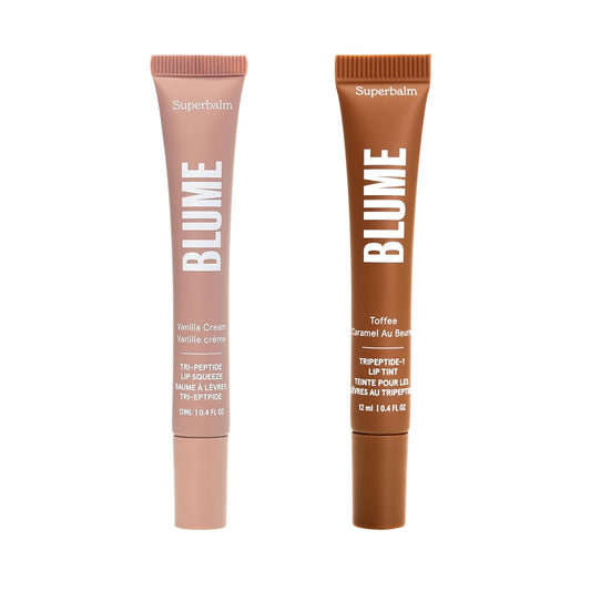 Blume Superbalm Duo - Tri-Peptide Vanilla Lip Balm (0.4 Fl Oz) + Tri-Peptide Toffee Soft Brown Tinted Lip Balm (0.4 Fl Oz) - Deep Hydration & Lip Plumping Set