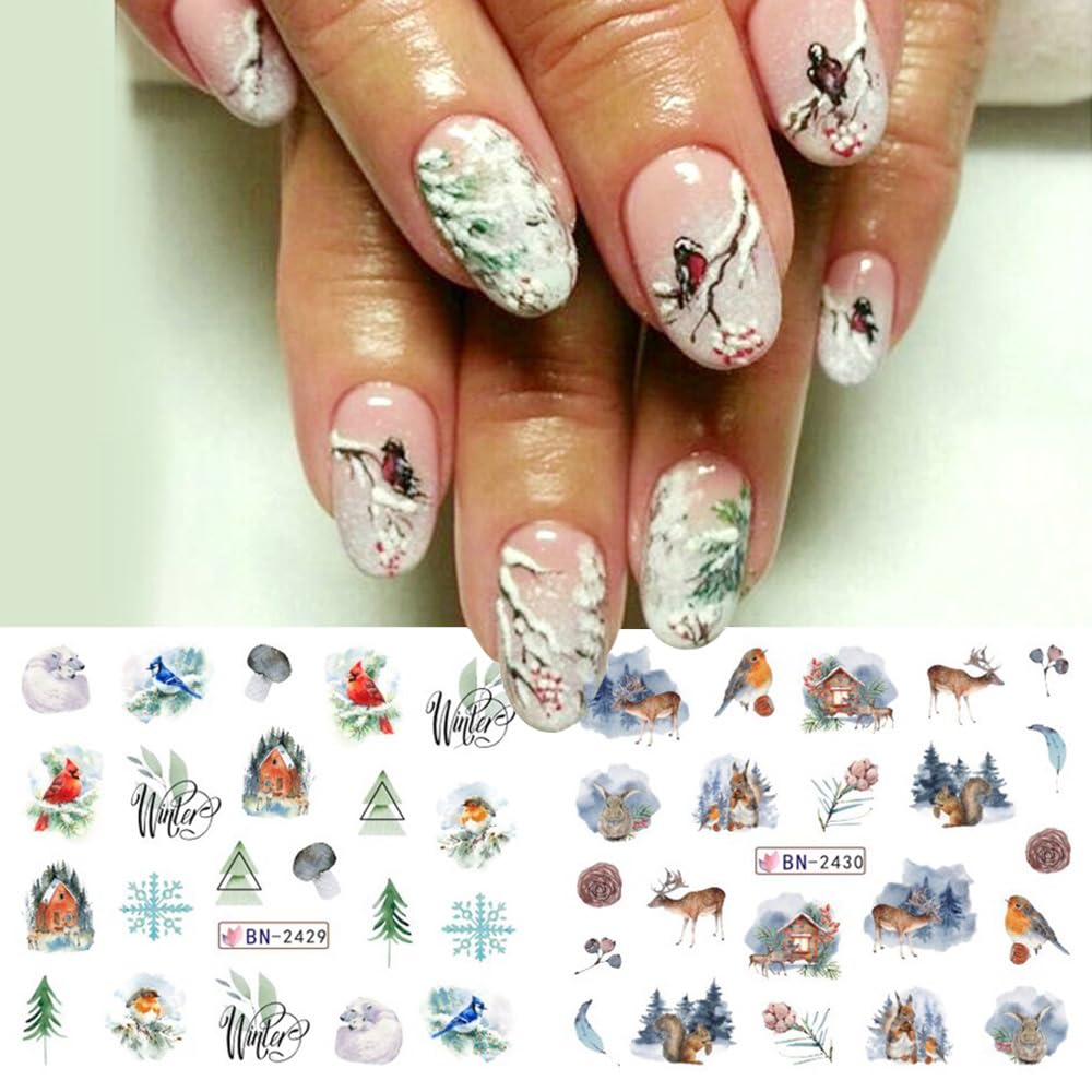 Christmas Nail Art Stickers Snowflake Water Transfer Nail Decals Winter Snow Flake Elk Cold Ice Bear Tree Nail Design Stickers for Nail Art Acrylic Watermark Nail Foils for Christmas Nail Decor 12Pcs
