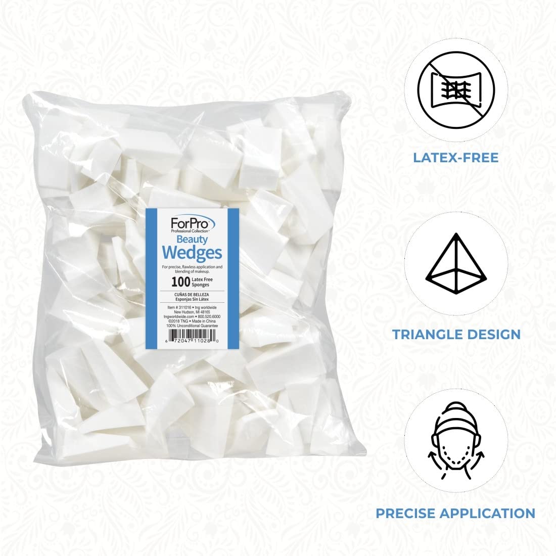 ForPro Professional Collection Beauty Wedges, Latex Free Foam Sponges, Makeup Blenders for Powder and Liquid Makeup, 100-Count