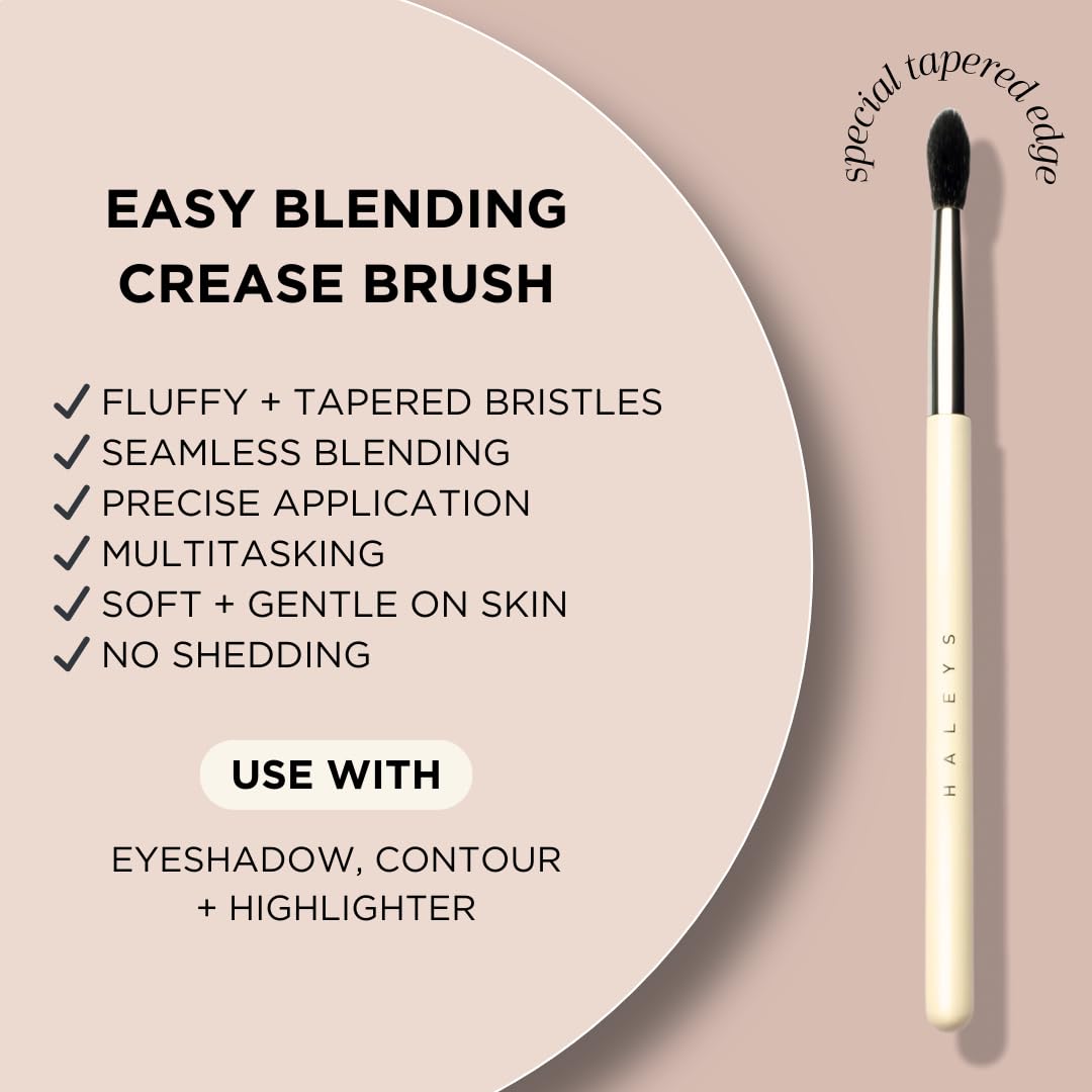HALEYS Crease Eyeshadow Brush, Medium Fluffy Tapered Brush, Soft, Easy Blending Makeup Tool, Seamless, Multi-tasking Makeup Brush for Cream and Powder, High-end Synthetic Bristles, Vegan + CF