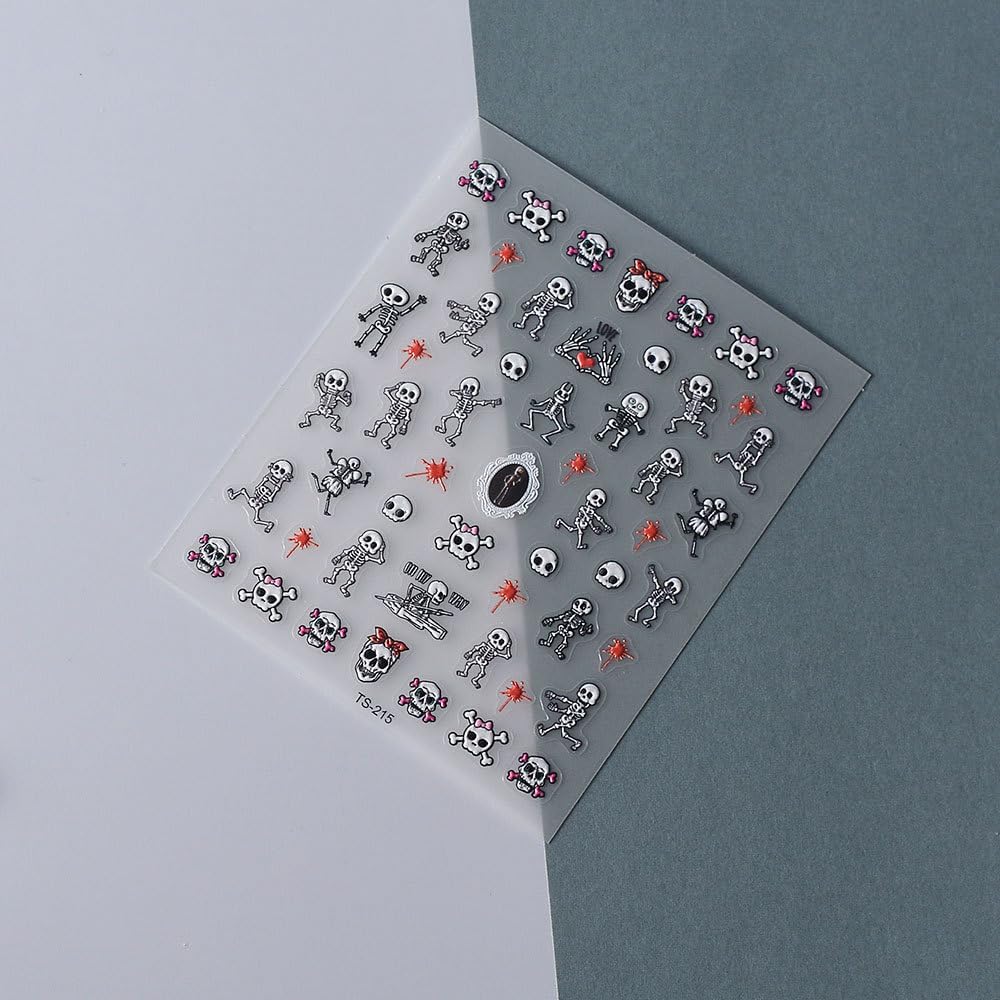 Halloween Nail Art Stickers 5D Embossed Skull Blood Skeleton Nail Stickers, Self-Adhesive Durable Nail Art Decals for Women Girls, Nail Wraps Decoration Manicure for DIY Acrylic Nail Accessories