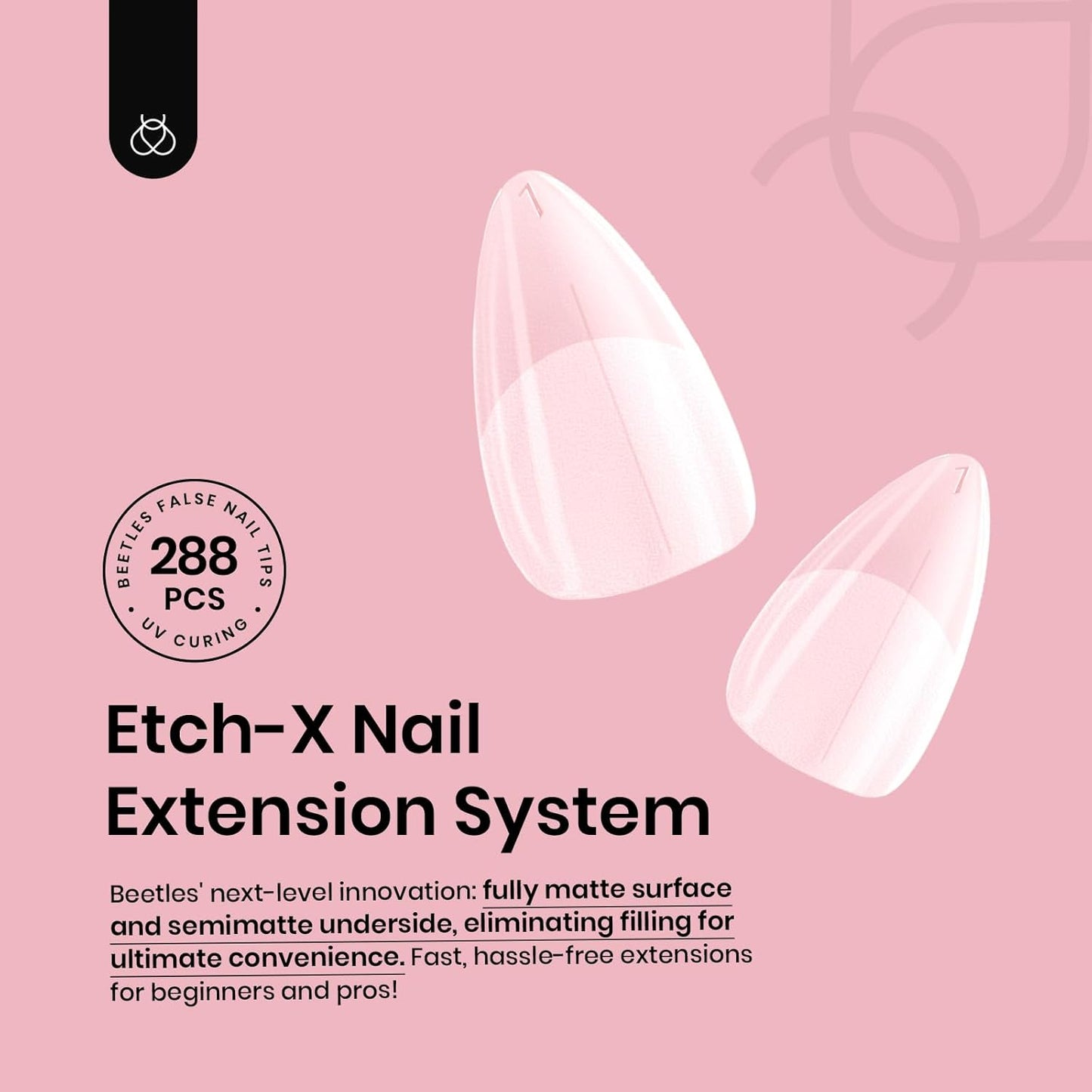 Beetles Short Almond Nail Tips - 288PCS 12 Sizes Full Matte Cover Pre-Etched & Pre-Shaped False Nails Soft Gel Nail Tips Acrylic Nail Tips Nail Extension Tips for Gel Polish DIY Manicure