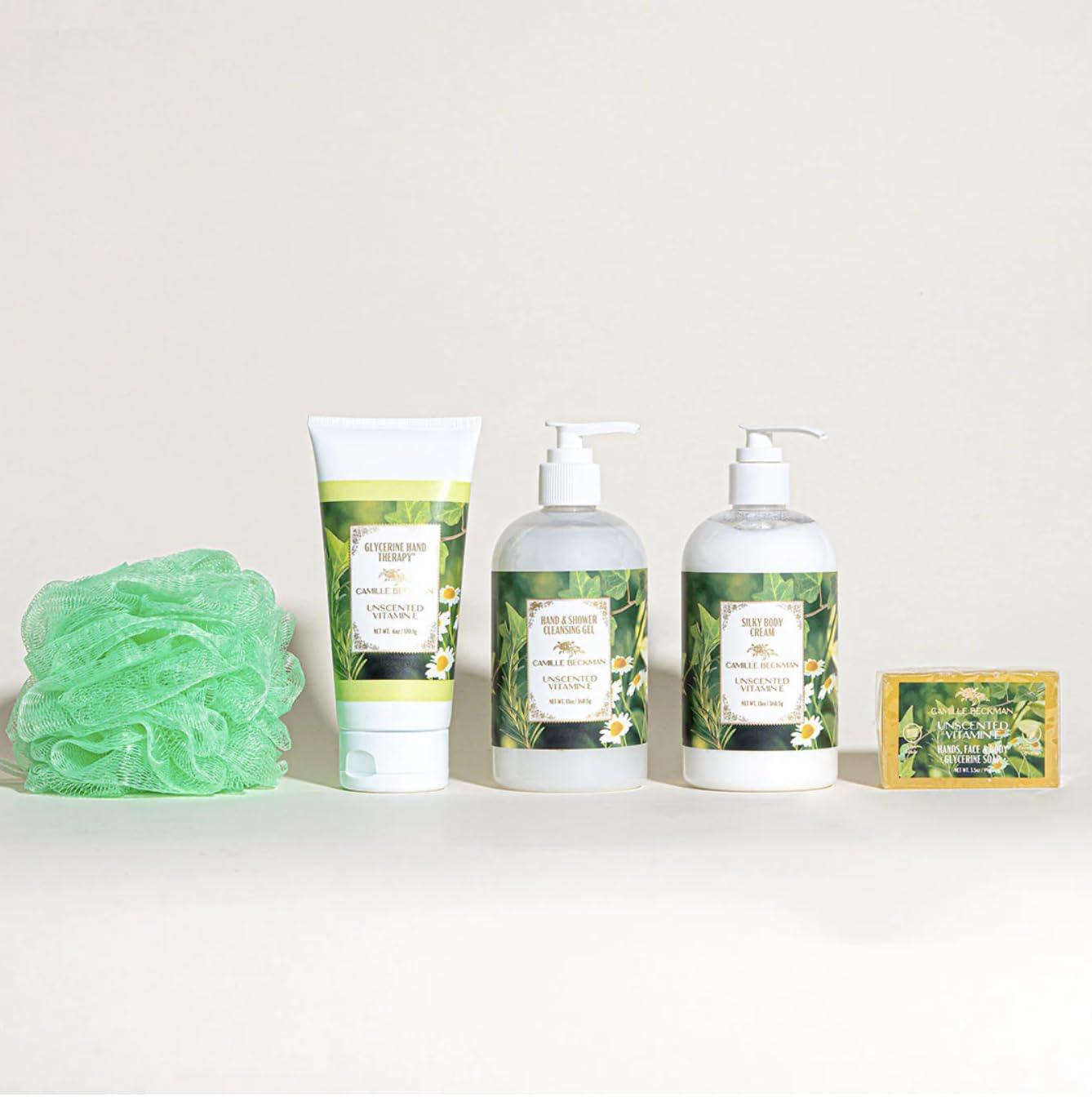 Camille Beckman Essentials Gift Basket, Vitamin E Unscented, Glycerine Hand Therapy 6 oz, Silky Body Cream 13 oz, Hand and Shower Cleansing Gel 13 oz, Glycerine Soap 3.5 oz