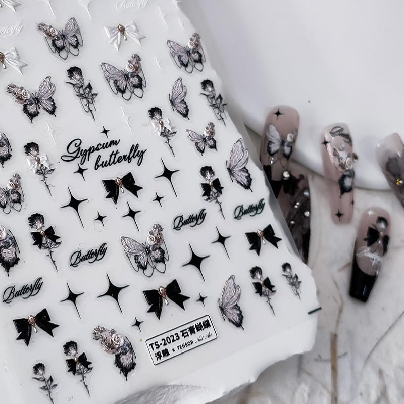 Butterfly Nail Stickers 5D Embossed Nail Art Decals Self-Adhesive Black Bows Nail Stickers for Nail Art DIY Flower Nail Art Decorations for Women (1, Black Bows)