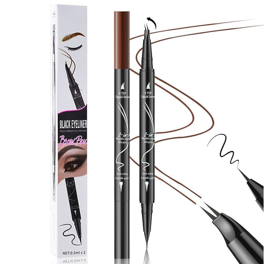 Curved 2 Tip Eyebrow Pen-Light Brown Eyebrow Pencil With Black Eyeliner 2-in-1 Dual-Ended Create Natural Hair-Like Brows,Waterproof,Smudge Proof,Long Lasting All-Day