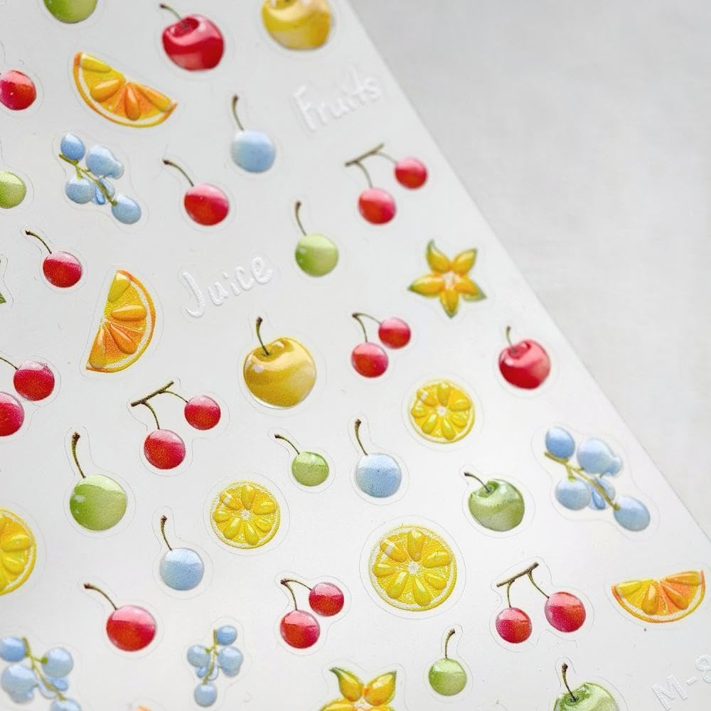5D Embossed Fruit Nail Stickers Purple Grapes Nail Designs 3D Self-Adhesive Pineapple Lemon Nail Decals Summer Red Cherry Nail Art Decoration for Women Girls DIY Manicure 2 Sheets