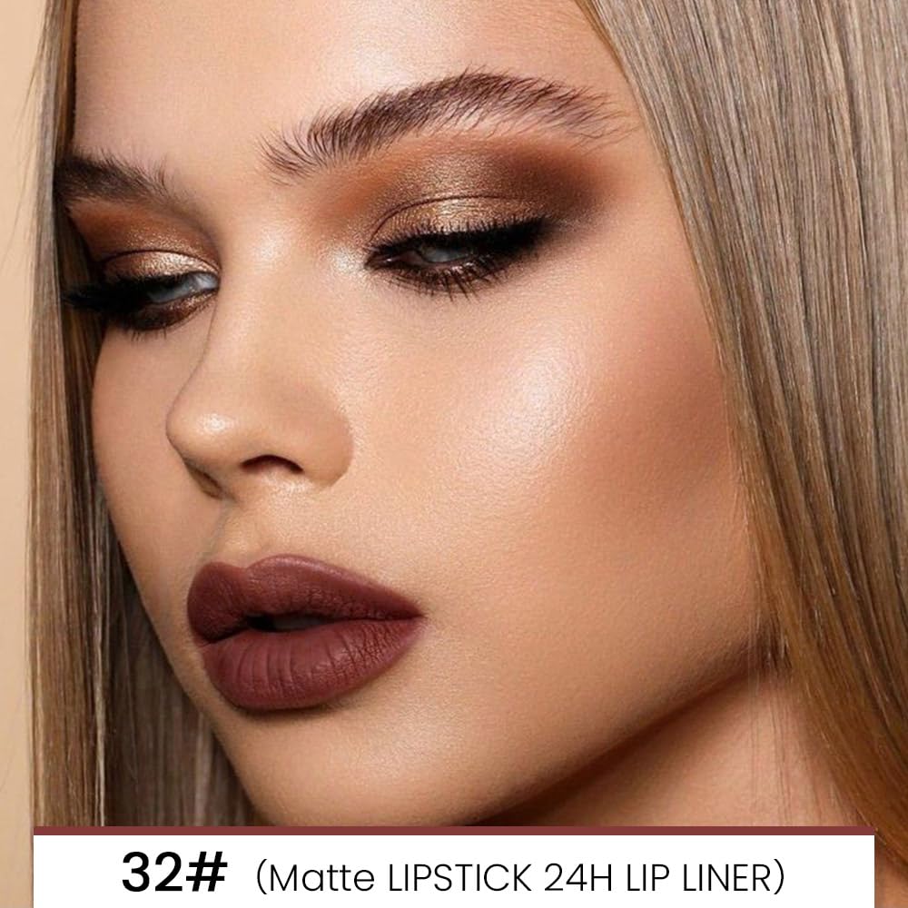 evpct 1Pcs Matte Lip Liner and Lipstick Combo Set Kit for Women, Magic Neutral Lipsticks 24 Hours Original Lipstick and Lips Liner Pencil Stain Gloss Makeup Long Lasting Waterproof,32# MORE TRUFFLE