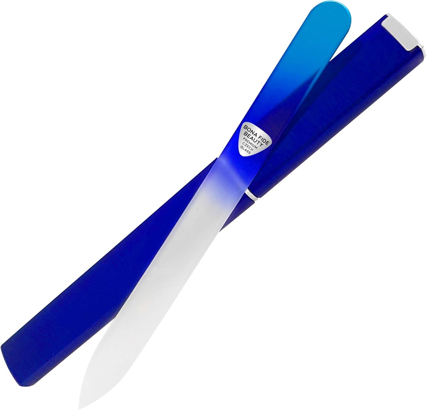 Bona Fide Beauty Glass Nail File with Case, Aqua Cobalt Czech Glass Fingernail Files Handcrafted from The EU. Ideal Nail Care Tool for Natural Nails.