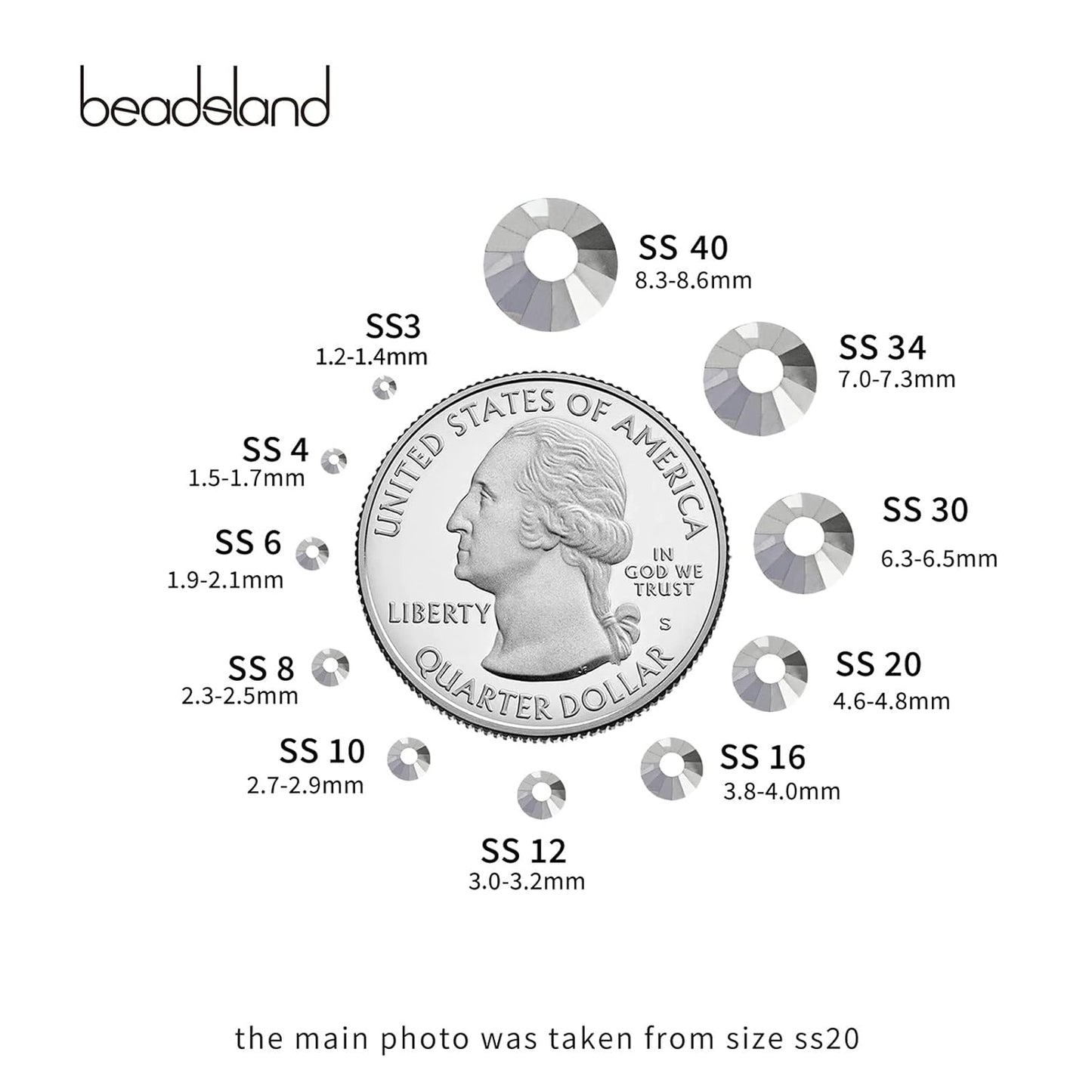 beadsland Flat Back Crystal Rhinestones Round Gems for Nail Art and Craft Glue Fix, Silver Hematite (2.9-3.0mm) SS12/1440pcs