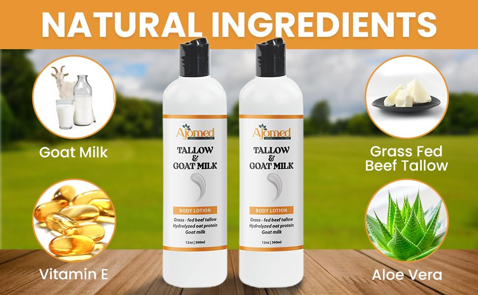 Grass Fed Beef Tallow & Goat Milk Body Lotion for Sensitive Skin, Organic Tallow Lotion - Soothes Dry Patches, Goat Milk Moisturizer - Handmade Tallow Body Lotion (Lavender Vanilla, 8 Oz)