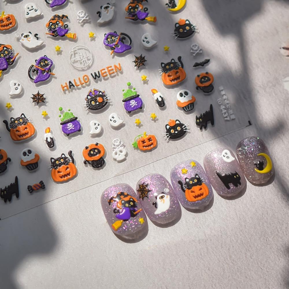 Halloween Nail Stickers Ghost Pumpkin Nail Art Decals Cat Nail Art Stickers with Design 5D Embossed Self Adhesive Cute Nails Charms Supply for Women Girls Kid Manicure Decoration