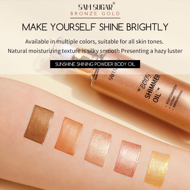 Shimmer Body Oil, Long Lasting Moisturizing Body Glow Glitter for Women Face Luminizer Highlighter Makeup 100ml Shimmer Oil for Glowing Skin Lotion (Bronze Gold)