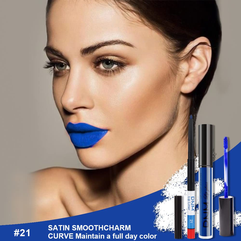 evpct 2Pcs Royal Light Blue Matte Liquid Lipstick and Lip Liner Pencil Makeup Set Blue Lipstick 24H and with Lip Liner Set Waterproof Long Lasting labiales mate 24 horas originales 21#