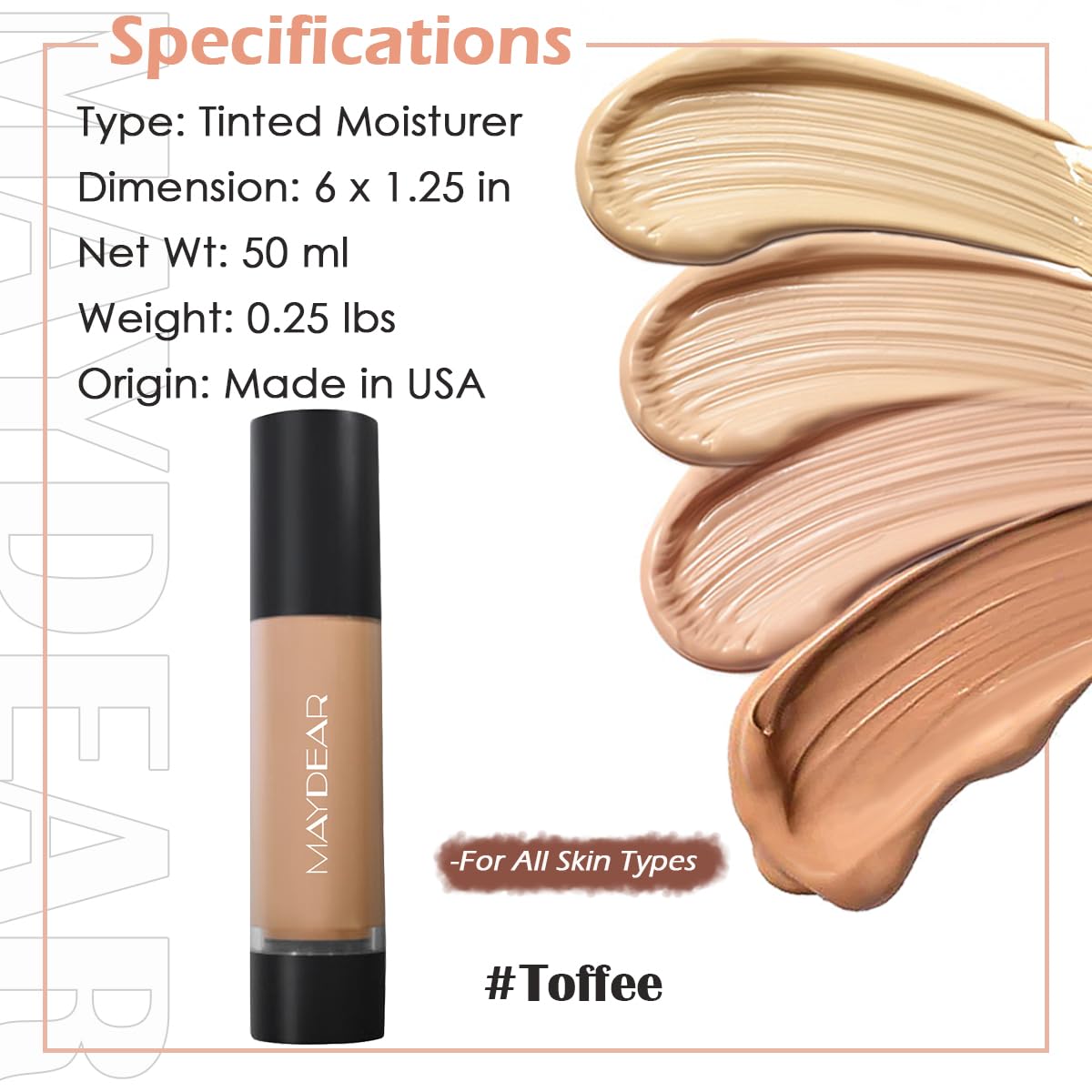 Maydear Tinted Moisturizer for Face, Matte Finish, Hydrating, Light Coverage Facial Makeup, Evens Skin Tone, Ultra-Lightweight, TM05 Toffee, 1.7 oz(50ml)