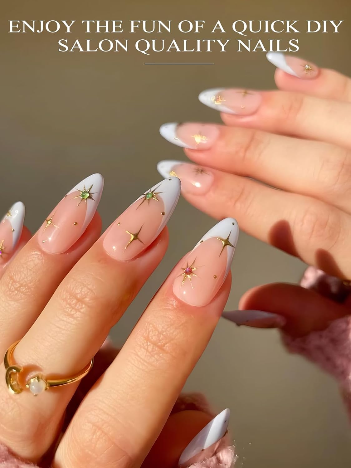 EBANKU 24Pcs Semi-Cured Gel Nail Strips, French Star Nail Sticker, Lasting Waterproof Full Nails Wraps Stickers for Salon Manicures, Perfect for Women, Girl with Nails File and Stick