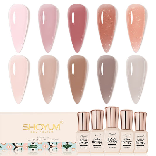 10Pcs Jelly Gel Nail Polish Set Nude Translucent Dark Skin Colors Rose Maple Red Sheer Gel Polish Kit Brown Semi-Transparent Fall Nail Polish Gel UV LED Soak Off Home DIY 7ml