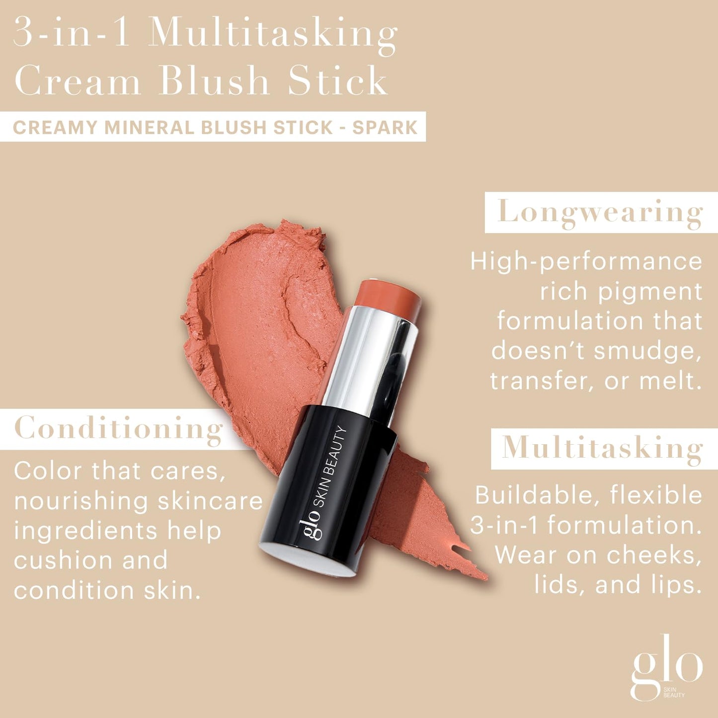 Glo Skin Beauty Cream Blush Stick (Spark) | 3-in-1 Multitasking Long-Wear Cheek, Lips + Lids Stick | Packed with Skincare Benefits