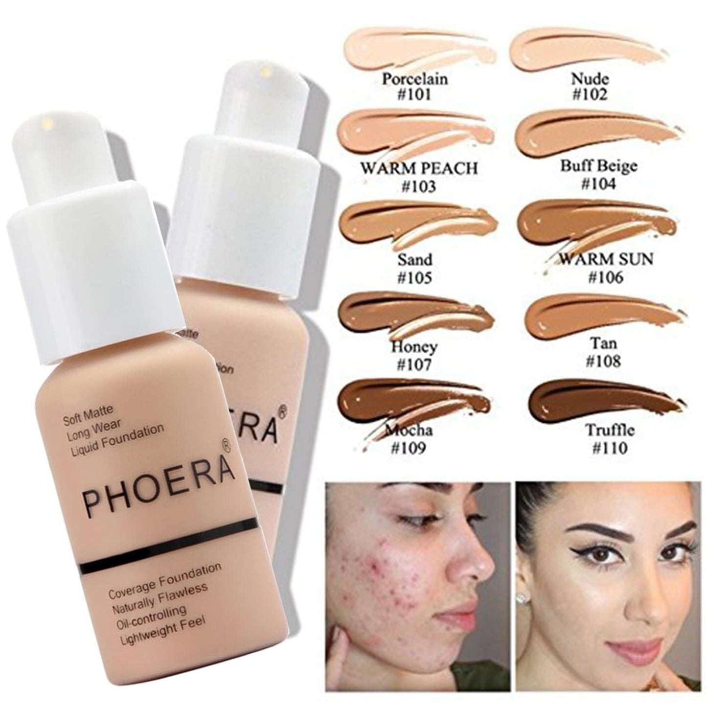 PHOERA Foundation Full Coverage Makeup, Mushroom Head Air Cushion CC Cream Natural Foundation Set,PHOERA Concealer, PHOERA Primer, PHOERA Powder, Foundation Brushes (104 Buff Beige+ 04 Buff Beige CC)
