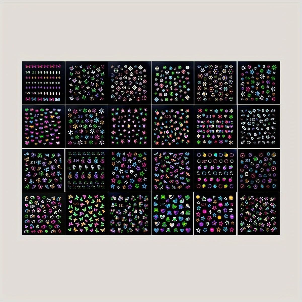 Fluorescence 30 Sheets Flowers Nail Stickers 3D Self-Adhesive Nail Art Charms Sticker Decals for Crafts Supplies Accessories (ST-N)