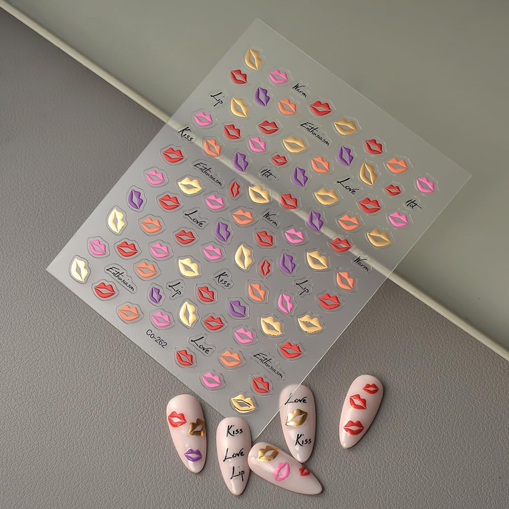 Halloween Nail Art Stickers 5D Embossed Colorful Lips Nail Stickers, Self-Adhesive Durable Nail Art Decals for Women Girls, Nail Wraps Decoration Manicure for DIY Acrylic Nail Accessories