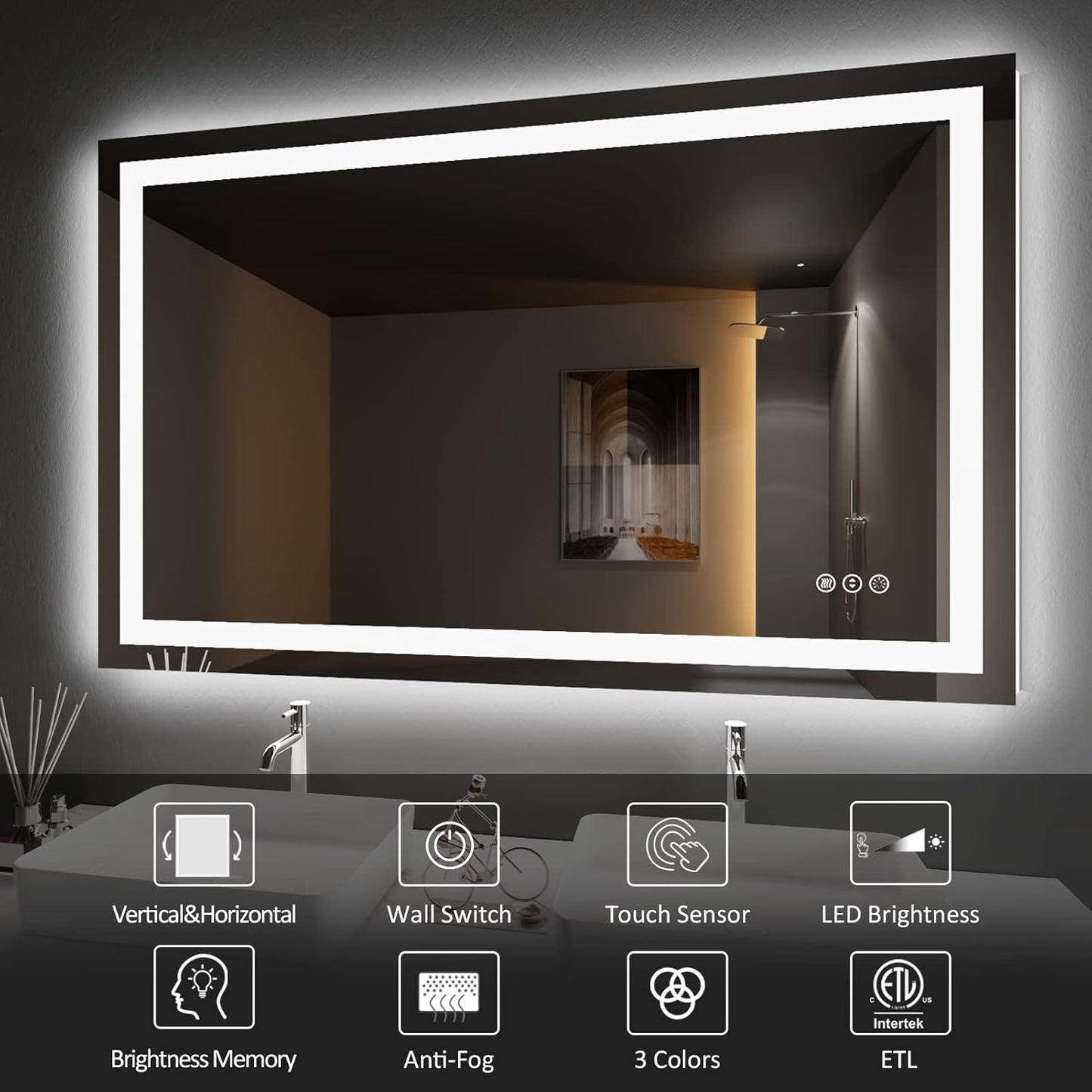 Amorho LED Bathroom Mirror Large 77"x 36" with Front Light and Backlit, Stepless Dimmable Wall Mirrors with Anti-Fog, Shatter-Proof, Memory, 3 Colors, Double LED Vanity Mirror