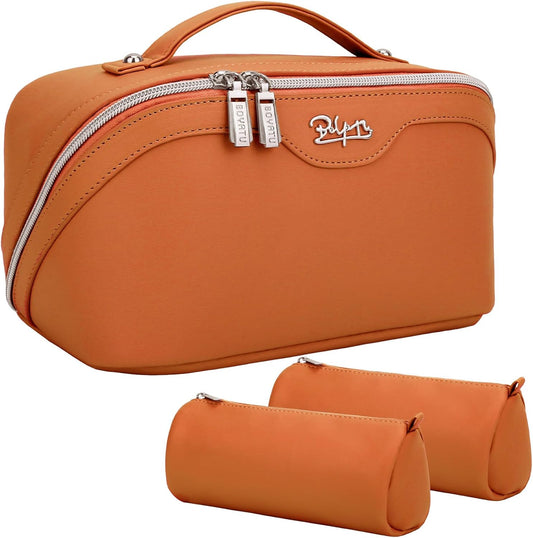 BOYATU Travel Makeup Bags Cosmetic Organizer Bag: 3-Set Large Capacity Make up Bag - PU Leather Toiletry Bags for Women - Wide Open Portable Pouch with Divider & Handle (09-Orange brown)