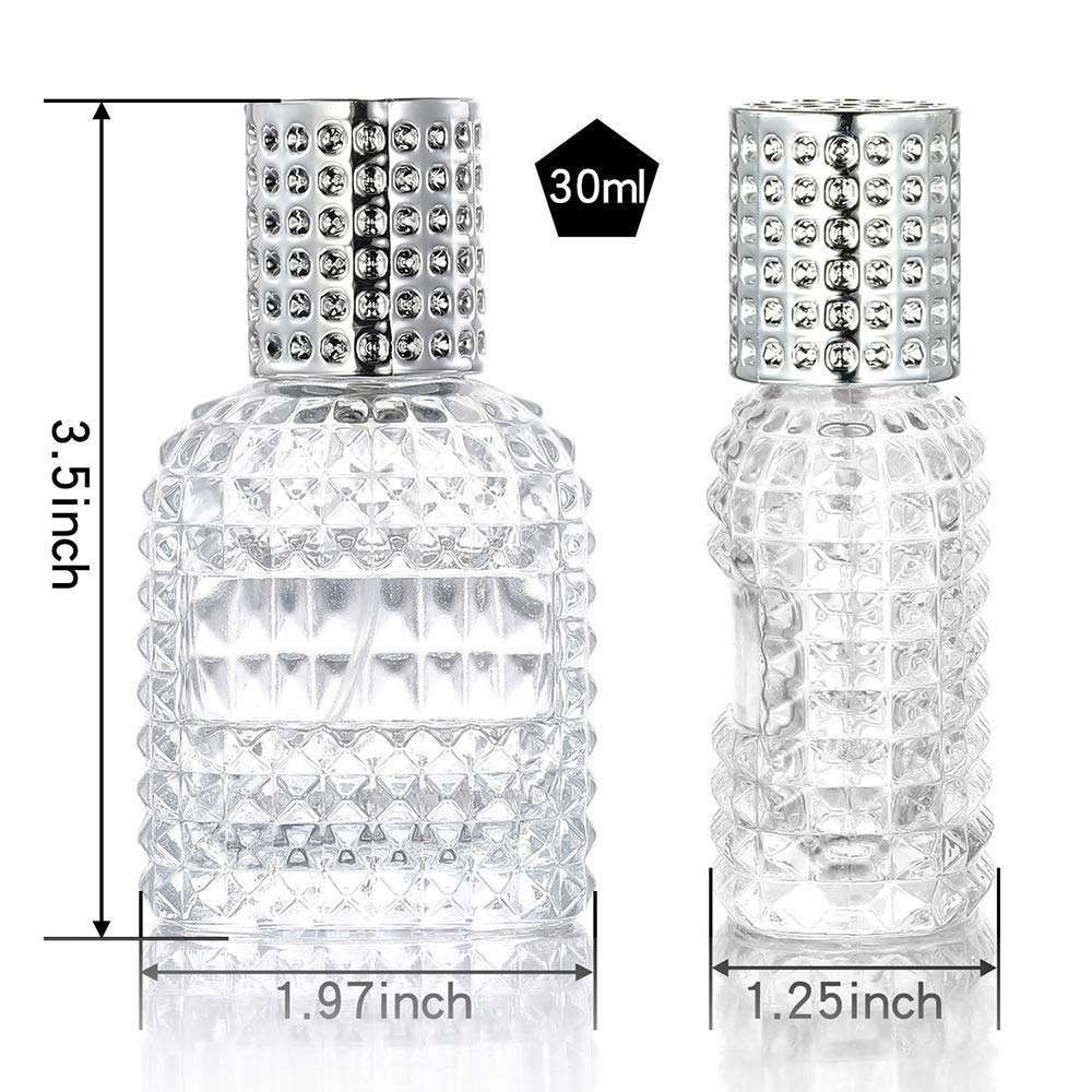2 Pack 30ml Refillable Clear Glass Fine Mist Empty Spray Perfume Bottles, Atomizer Spray Bottle With 4 kinds of perfume dispenser (Silver cap and Gold cap)