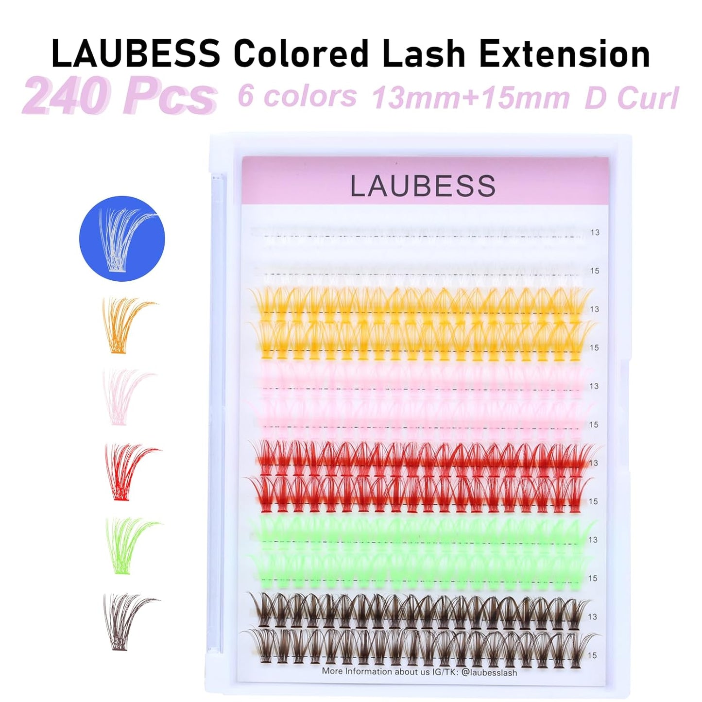 Colored Lash Clusters LAUBESS Colored Eyelash Clusters Wispy Colored Lash Extensions Colorful Lash Clusters Individual Lashes White Orange Light Pink Red Green Dark Brown (Colorful 0.07D, 13/15mm)