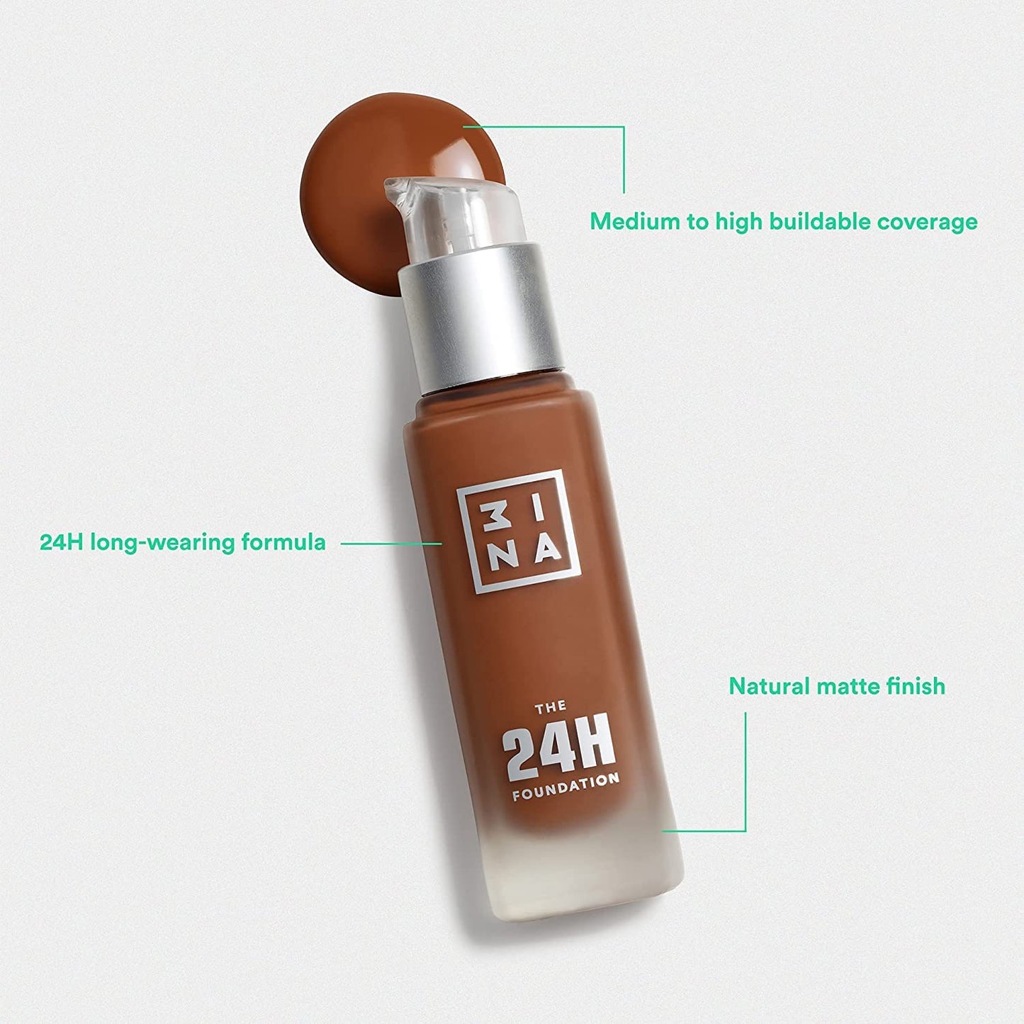 3INA The 24H Foundation 624-24H Long-Wearing Formula - Medium To High Buildable Coverage - Smooth Matte Finish - Expanded Shade Selection - Waterproof, Cruelty Free, Vegan Makeup - 1.01 Oz