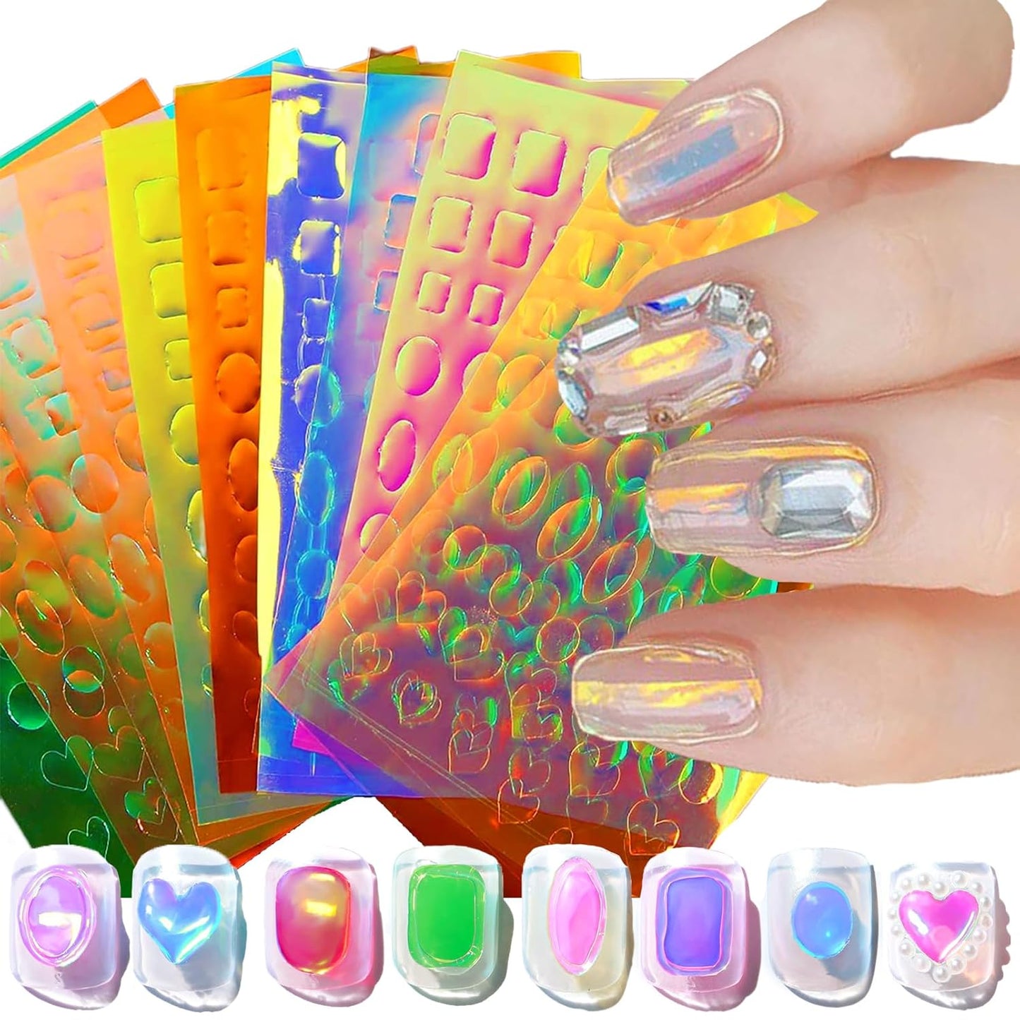 11 Sheets Aurora Nail Foil Stickers, Laser Glass Paper 3D Trendy Design Iridescent Cellophane Nail Art Decals, Holographic Film DIY Manicure Decoration Supplies Accessories for Women Girls