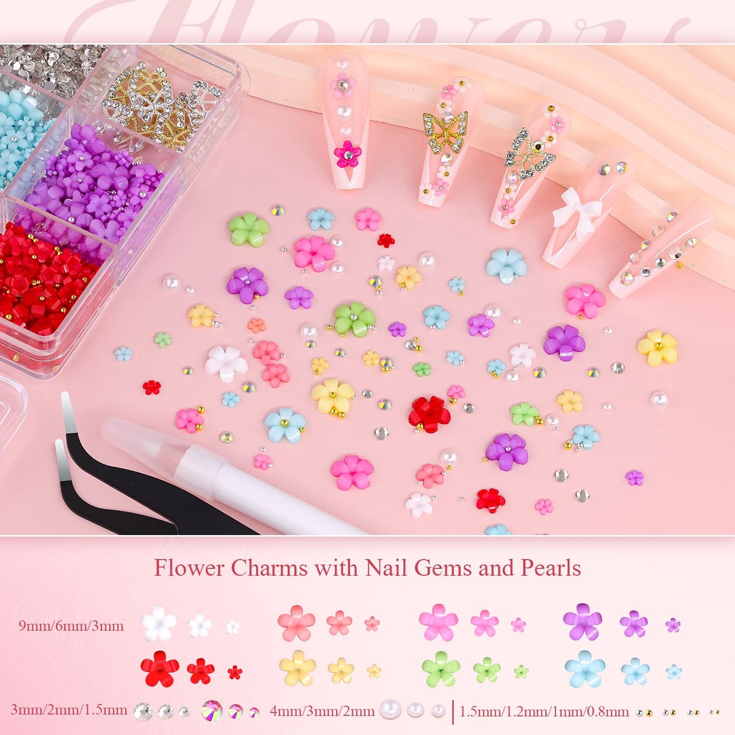 3D Nail Charms and Gems Set 11, 10PCS Gold and Silver Chunky Butterfly Nail Charms with Rhinestones, 3D Flowers for Nails, Flatback Crystals and Pearls + Picker Tool for Y2K Nail Decoration