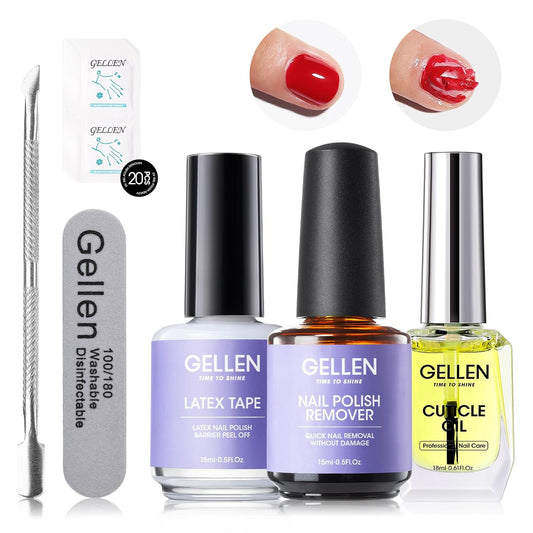 Gellen Gel Nail Polish Remover Kit, Gel Polish Remover for Nails with Liquid Latex Tape Cuticle Oil and Manicure Tools, Quick & Easy Gel Remover in 3-5 Minutes, No Soaking Or Wrapping