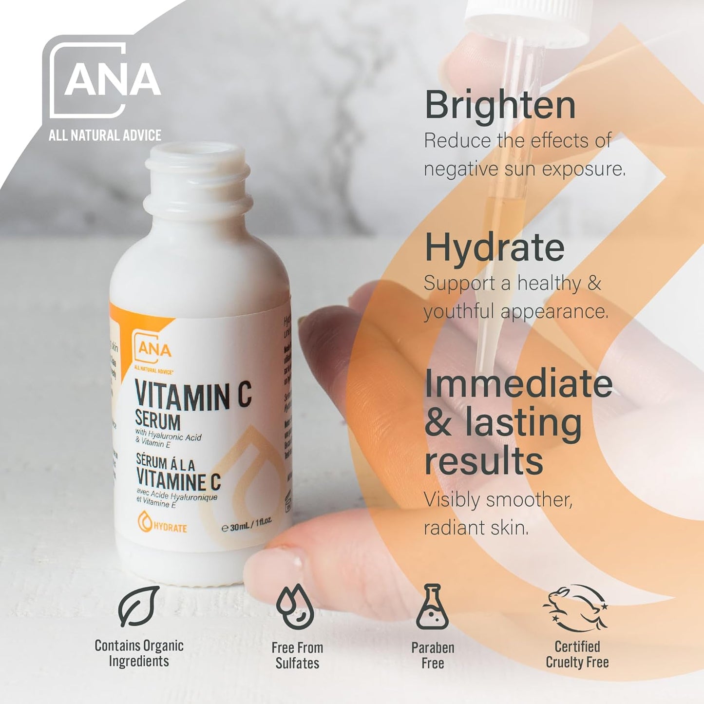 All Natural Advice Vitamin C Serum 30mL | 20% Vitamin C Face Serum Solution with Organic Botanicals, Hyaluronic Acid & Vitamin E | UV-Shielding Glass Bottle with Dropper | Canadian Skin Care