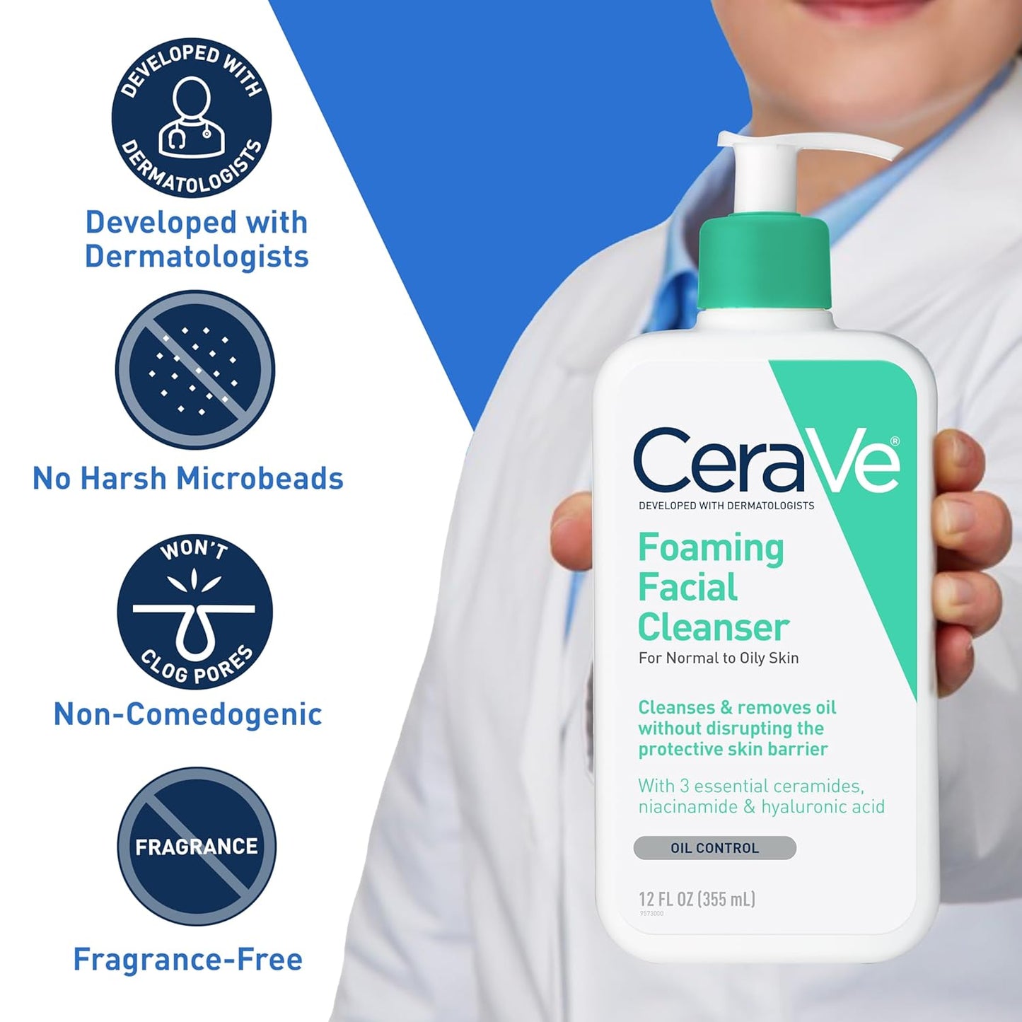 CeraVe Foaming Facial Cleanser, Daily Face Wash for Oily Skin, Hyaluronic Acid + Ceramides + Niacinamide, Fragrance Free & Paraben Free, Non-Drying Oil Control Face Wash, 19 Fluid Ounce