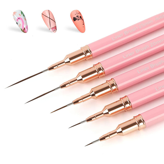 Artdone Metallic Nail Art Pens, Liner Brushes Set, 5PCS Pink Color Nail Tools For Long Lines, Thin Details, Fine Drawing, Liner Brush UV Gel Polish Painting Nail Design Sizes 5/8/12/20/25mm