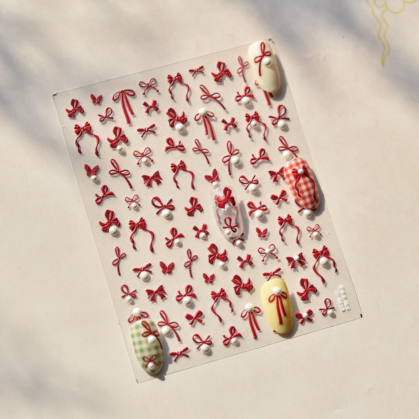 Bow Nail Art Stickers 5D Embossed Nail Decals Self Adhesive Red Nail Sticker for Nail Art Pearl Design for Women Girls Supplies Nail Art Decorations Accessories