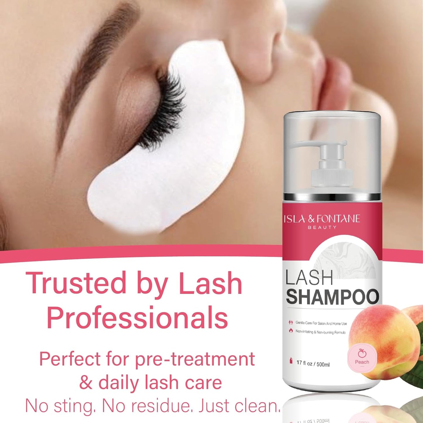 ISLA & FONTANE Lash Shampoo Bulk – Multi-Scent Series – 17 fl oz / 500ml | Gentle Eyelash Cleanser for Lash Extensions | Non-Irritating | Professional Lash Bath Foam For Salon And Home Use (Peach)