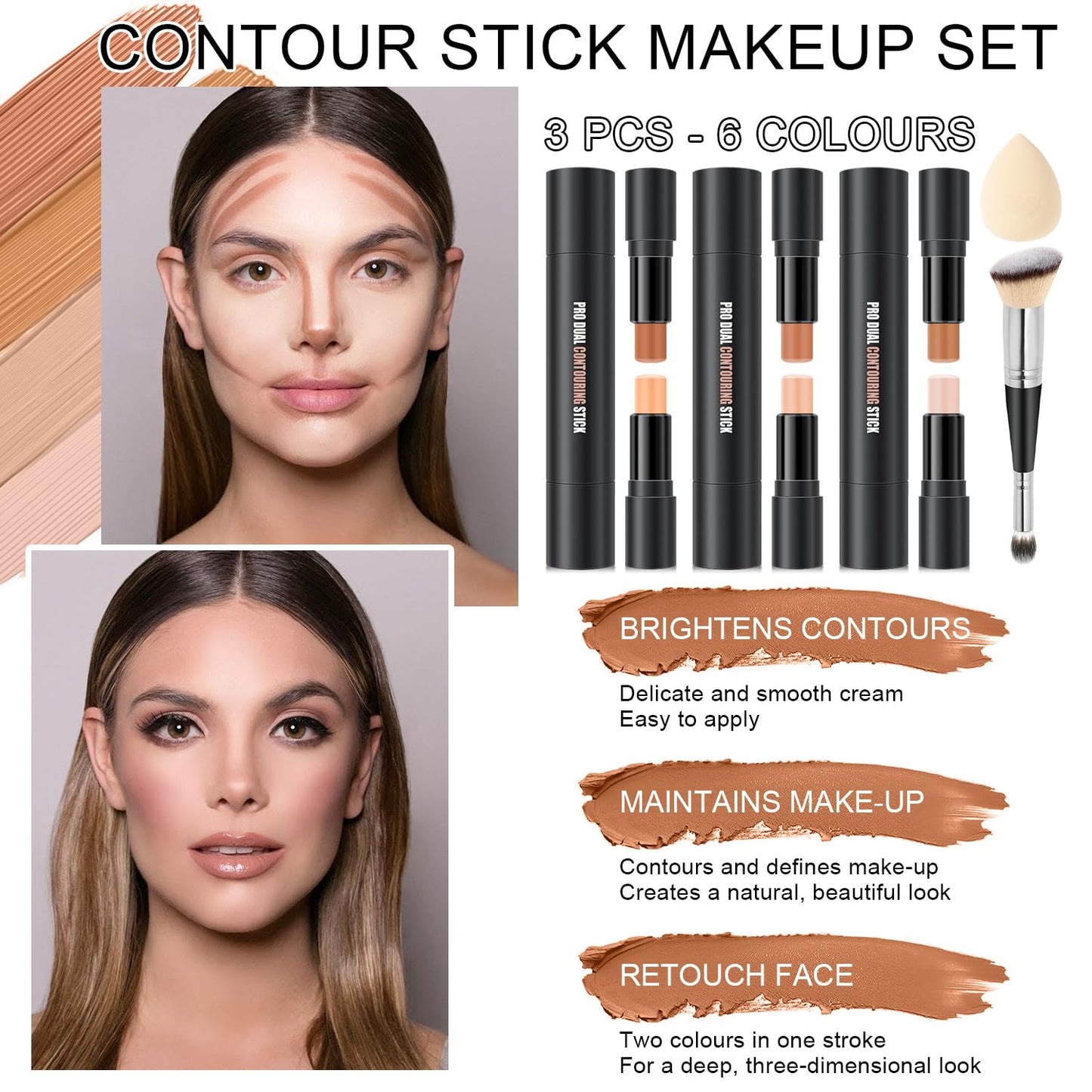 6 Colors Cream Contour Stick Makeup, Primer Face Highlighter Contouring for Beginners, Highlight and Contour Kit, Cream Concealer Makeup Blush Stick, Primer Face Corrector (SET B)