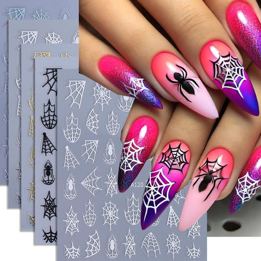 Halloween Nails Art Sticker Decals Multicolor Spider Web Nails Stickers Self-Adhesive Spider Nail Art Decal for Women Halloween Decor (5 Sheets)