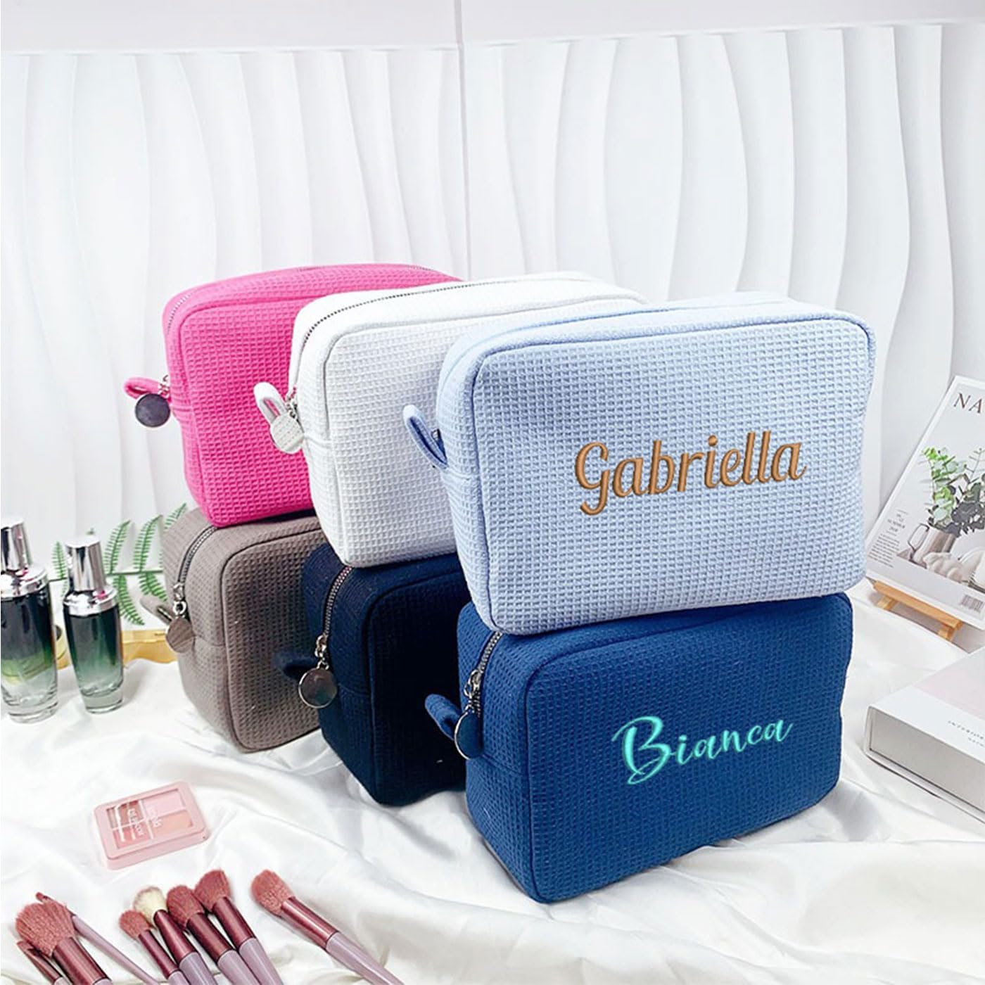 GOPHIE Personalized Embroidered Makeup Bag,Custom Waffle Fabric Cosmetic Pouch for Women, Travel Makeup Pouch (1, White)