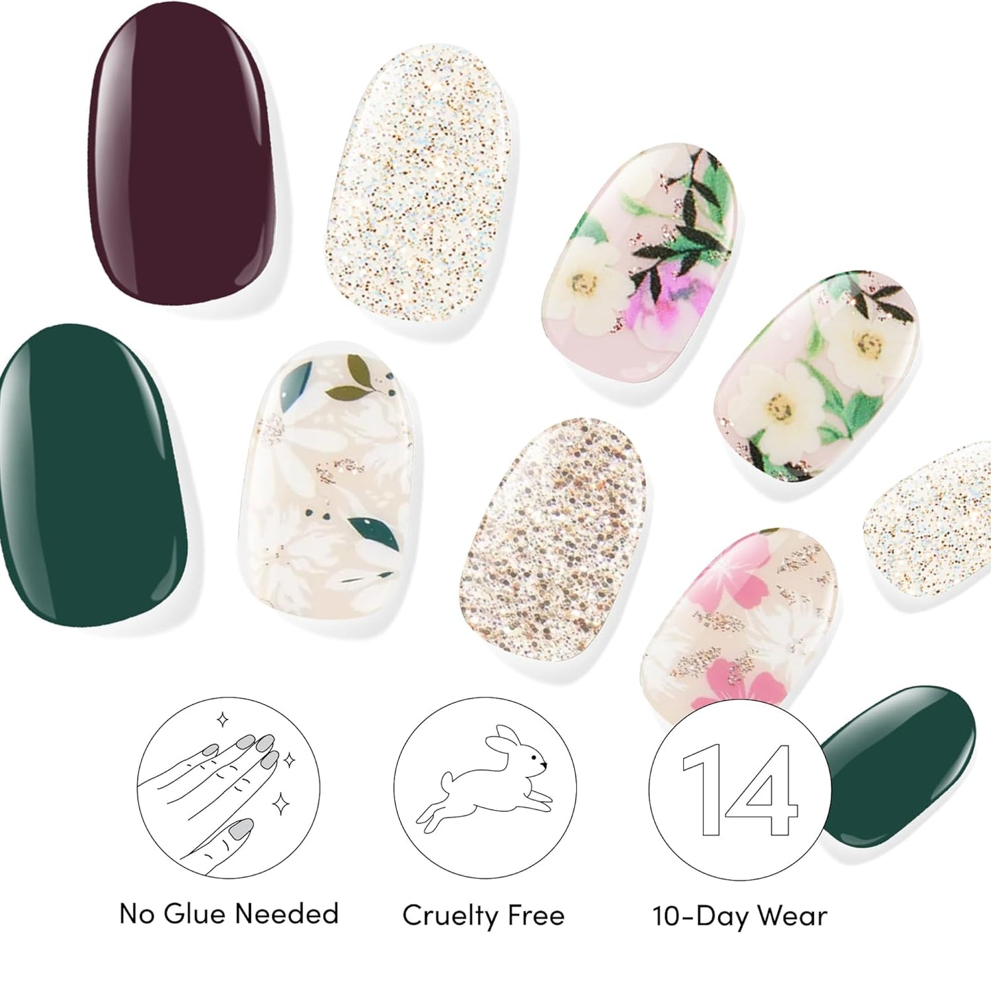 Dashing Diva Gloss Nail Strips Bundle - The Winter Florals Collection- Baby Bouquet & Magnolia Vine - UV Free, Chip Resistant, Long Lasting Gel Stickers - Contains 2 Sets