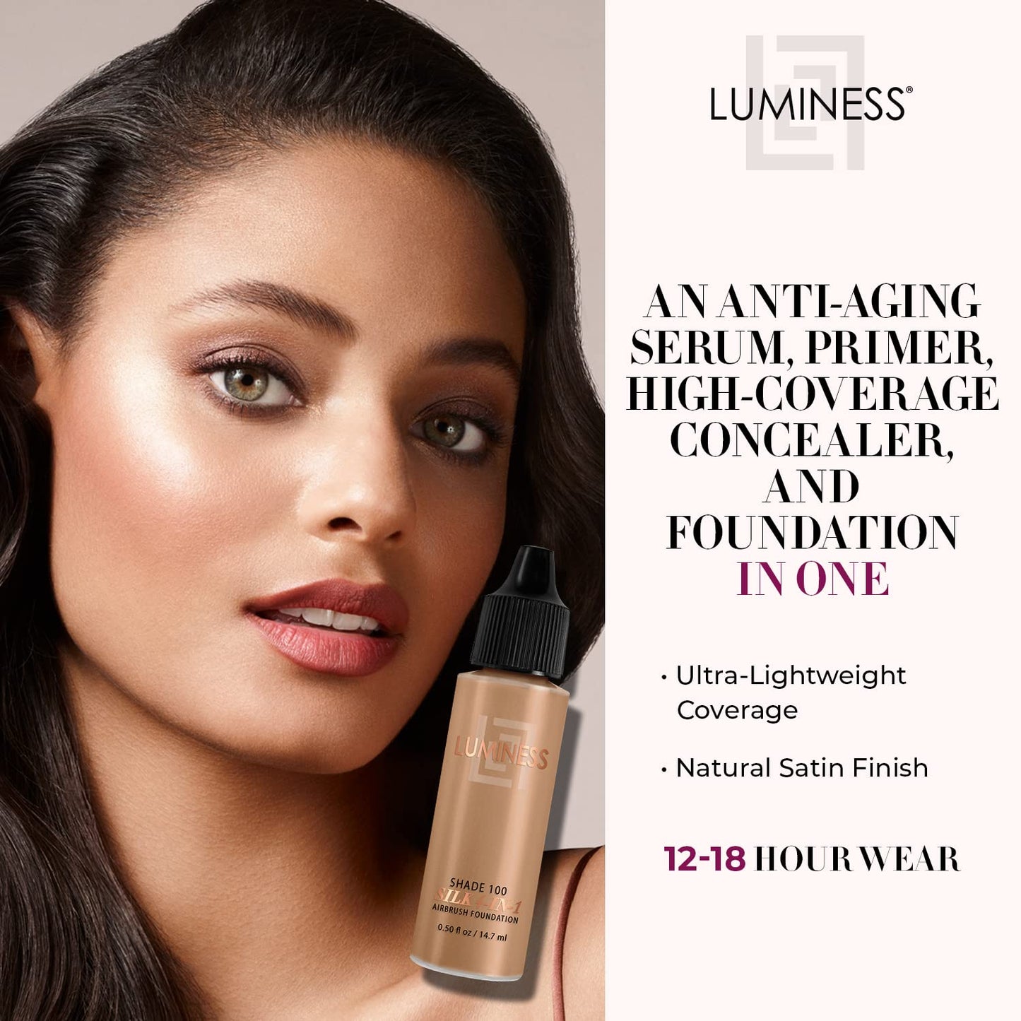 Luminess Air Silk 4-In-1 Airbrush Foundation- Foundation, Shade 100 (.5 Fl Oz) - Sheer to Medium Coverage - Anti-Aging Formula Hydrates and Moisturizes - Professional Makeup Kit for Cordless Air Brush