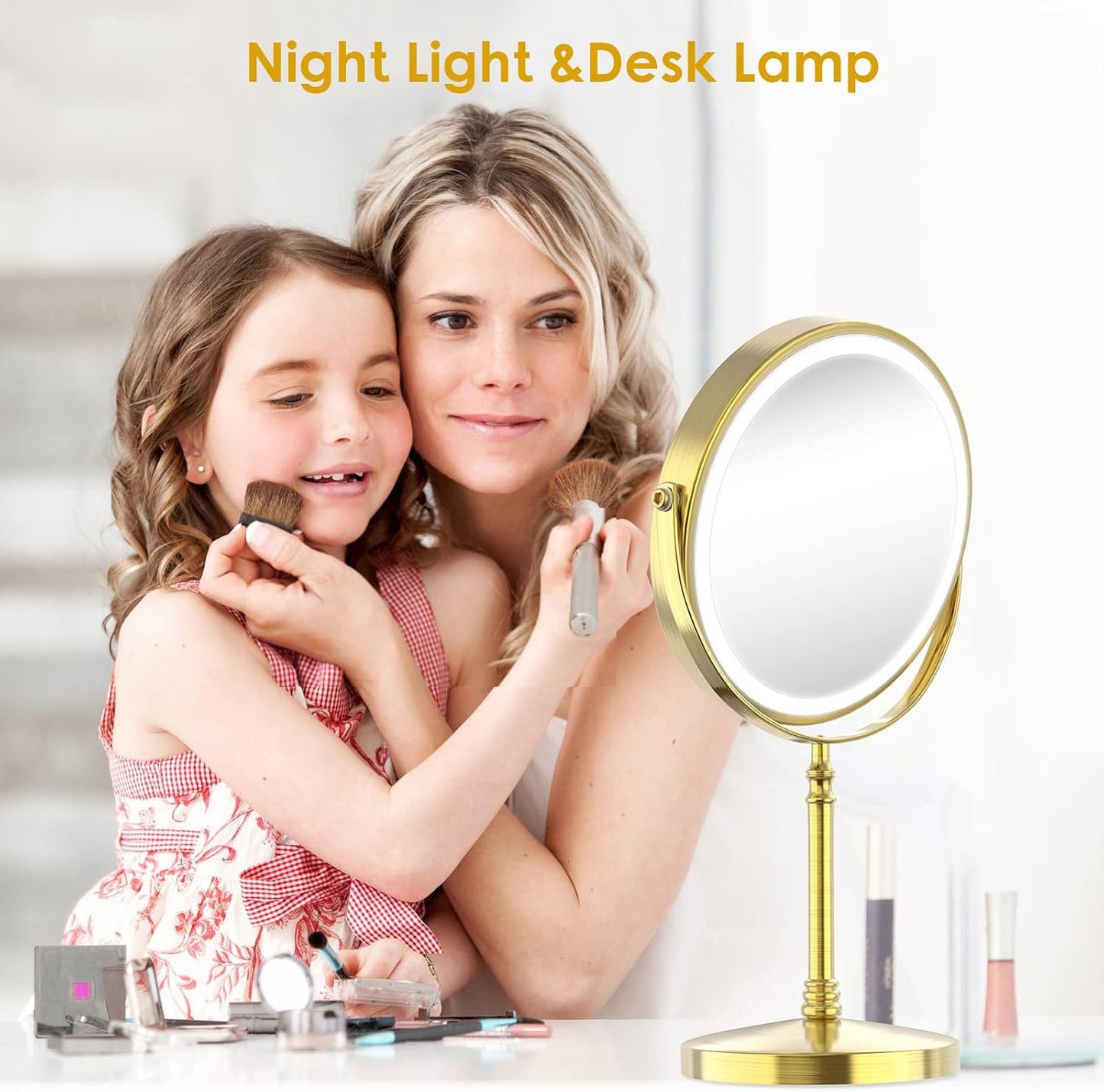 Lighted Makeup Mirror, 3000 mAh Rechargeable Double Sided Magnifying Vanity Mirror with 3 Colors, 1x/10x, 360° Rotation , Brightness Adjustable Magnification Cosmetic Light up Mirror, Women Gift