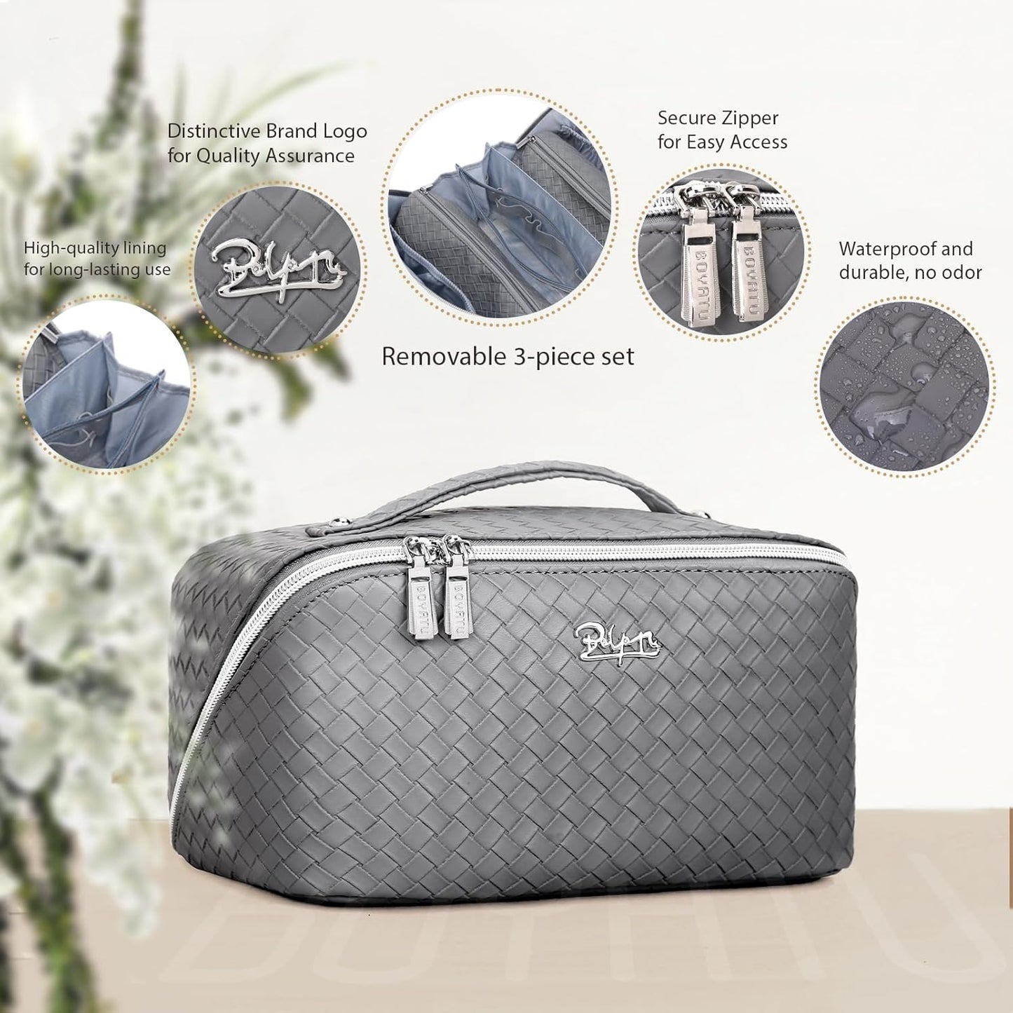 BOYATU Travel Makeup Bags for Women: 3 Piece Make up Bags Set - Large Cosmetic Bag - Vegan Leather Makeup Organizer - Portable Toiltery Bag with Divider & Handle (L05 Grey)