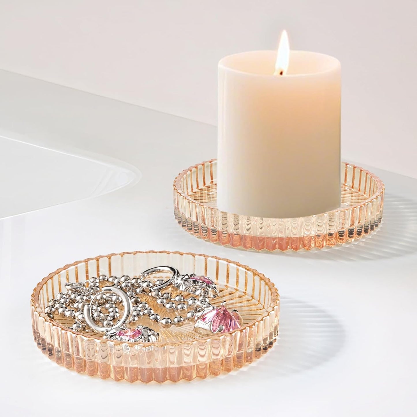 2 Pack Glass Qtip Holder Dispenser Set - Bathroom Organizer for Cotton Swabs, Balls, Pads, Floss Picks - Clear Apothecary Jars for Vanity, Makeup Storage, Bathroom Accessories Decor (Amber)