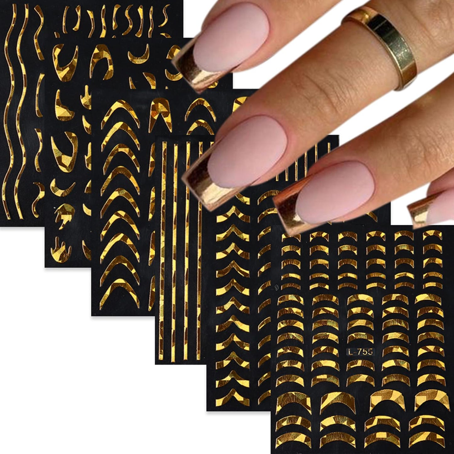 6 Sheets Gold Nail Art Stickers Decals Wavy Stripe Nails Stickers French Tip Nails Decal Self-Adhesive Irregular Lines Nail Art Decal for Women Manicure Decor