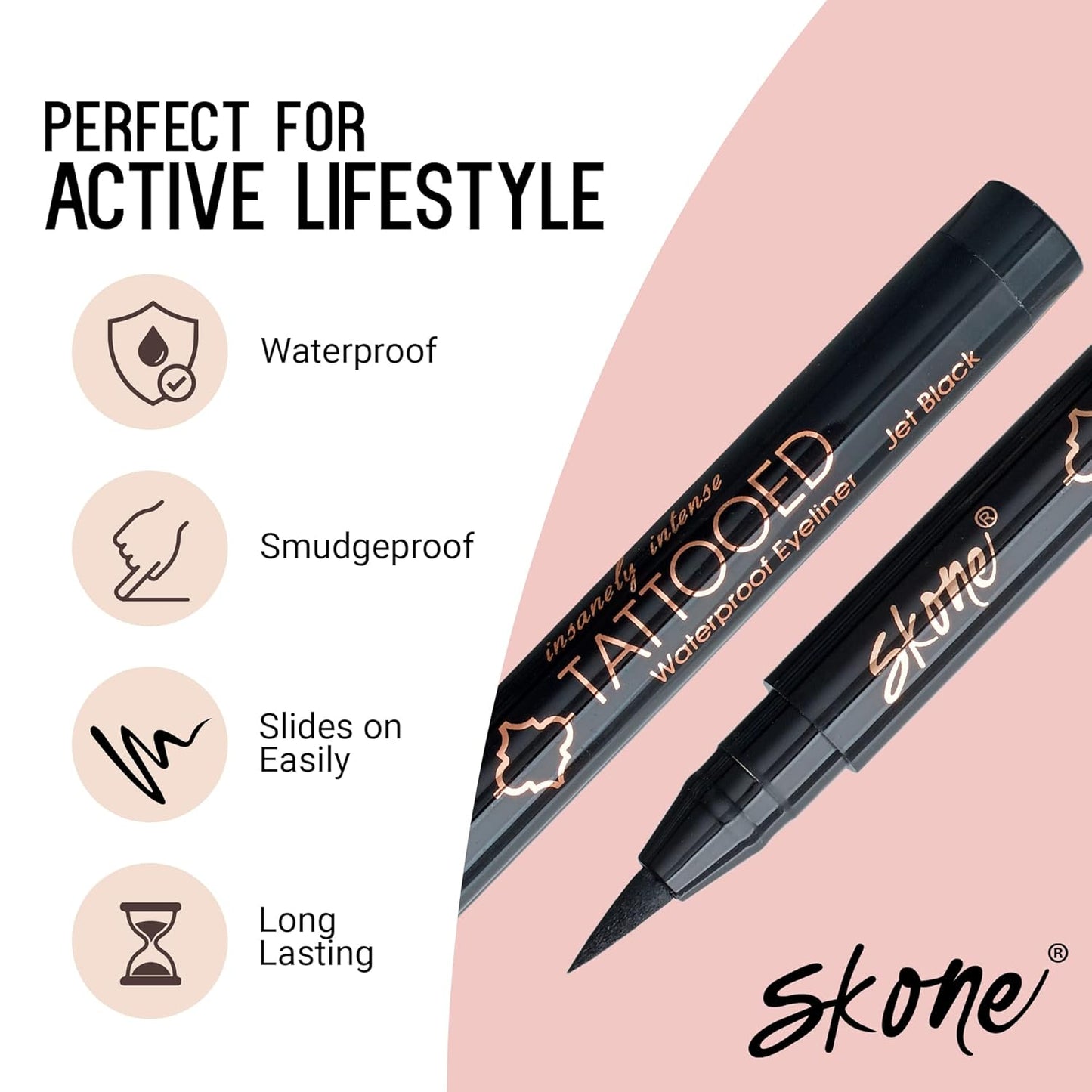 Skone Waterproof Liquid Eyeliner - Long Lasting & Smudge Proof - Insanely Intense Tattooed Eyeliner Pen with Felt Tip Applicator - Jet Black (0.07oz)